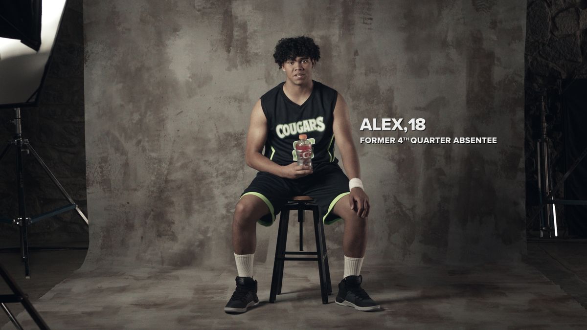 A still image featuring an athlete in an interview-style setting while holding a Gatorade as part of the brand's 30-second "Don't Go Missing" spot as part of its summer campaign.