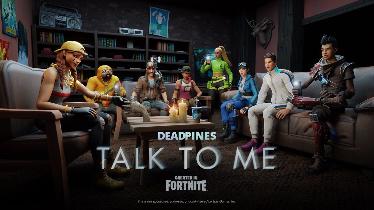 Fortnite avatars sit together near the "Talk To Me" logo.